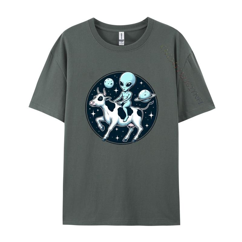 Alien Riding A Cow In Outer Space TShirt Graphic Tshirt Fitness Tight Tshirts Classic Cotton Men Casual