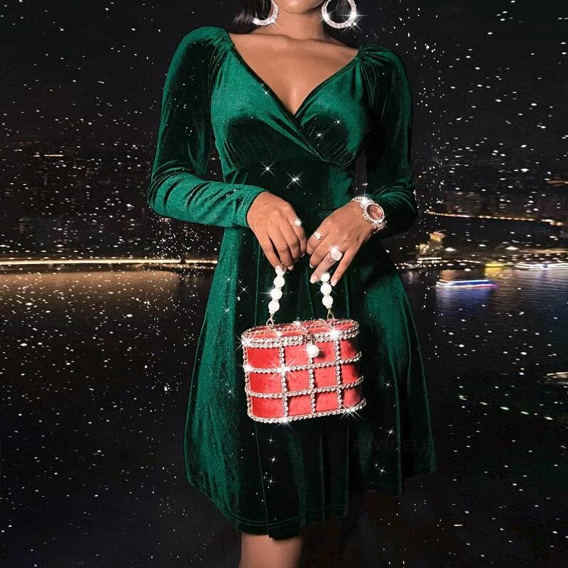 2026 New Women's Velvet Bodycon Dress, V-Neck Long Sleeve Short Cocktail Dress with Waist Cinching, Sexy Holiday & Party Velvet Gown