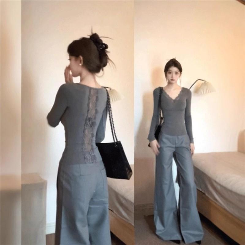 

** Women s Slim-Fit V-Neck Long-Sleeve Lace Trim Top – Minimalist Retro Autumn/Winter Style ** Small серый