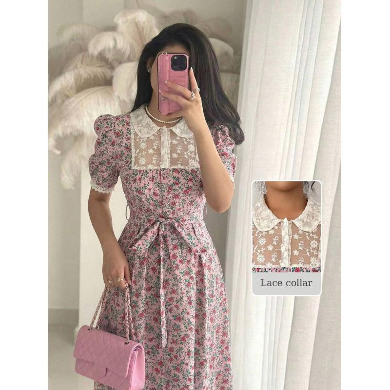 European and American mesh stitching bubble sleeve dress women s 2026 summer new retro printing skirt XS