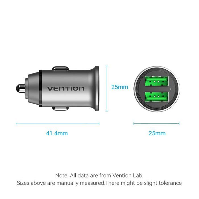 Chargeur de voiture USB - Vention - 2 ports USB - 30 W - FFAH0 - Entrée 12-24 V - Sortie 5 V 3 A - QC3.0/FCP/AFC/BC1.2