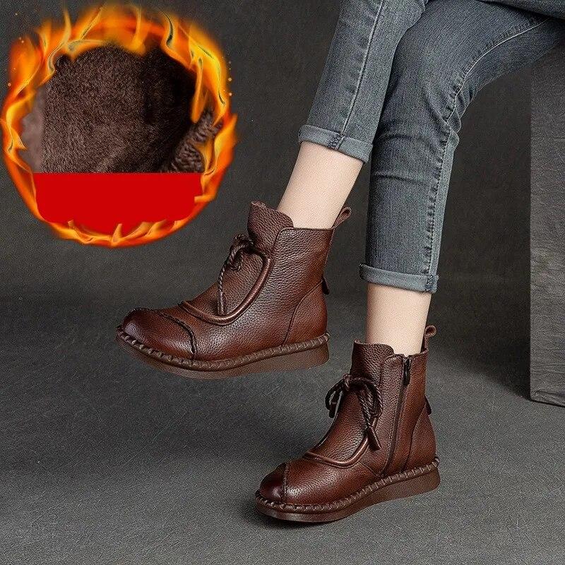 Johnature Flat Bottom Plush Warm Cotton Boots Solid Color Retro Genuine Leather Women's Short Boots