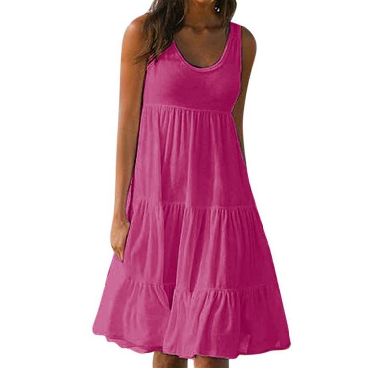 

В наличии Летнее женское платье без рукавов со складками, 7 цветов, размеры S-5XL, Большой размер Имитация хлопка Однотонное M розы красного