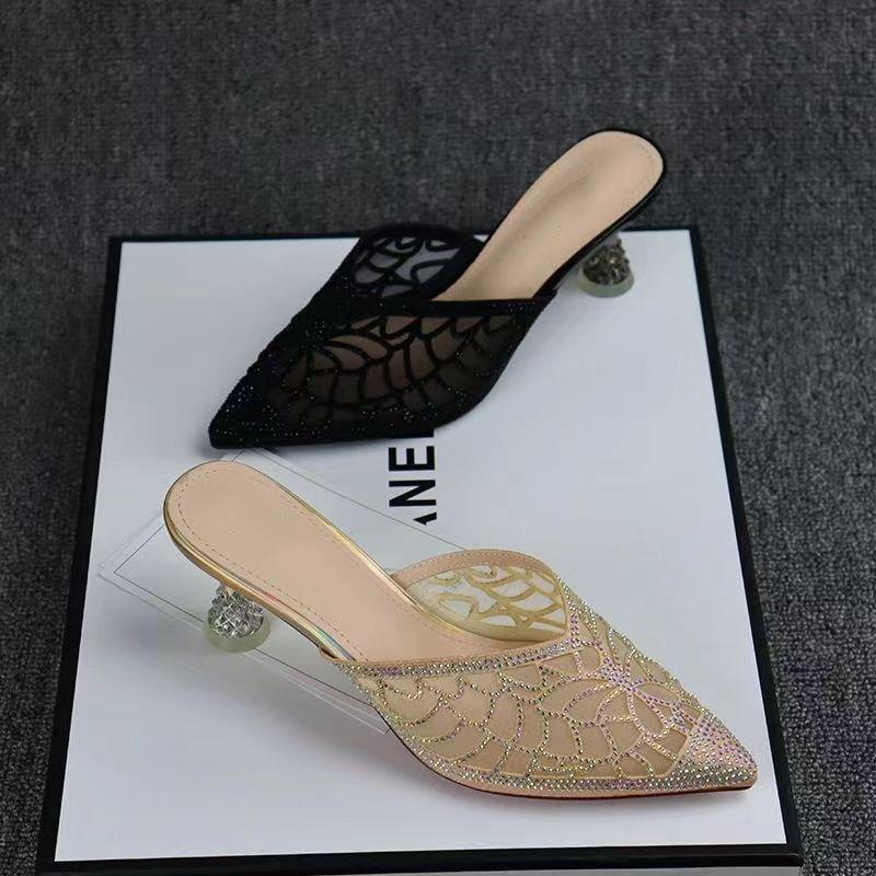 Pointed Baotou Rhinestone Half Slippers Women Mesh Yarn Middle Heeled Shoes Women Fine Heeled Outer Wear Lace Sandalias De Mujer