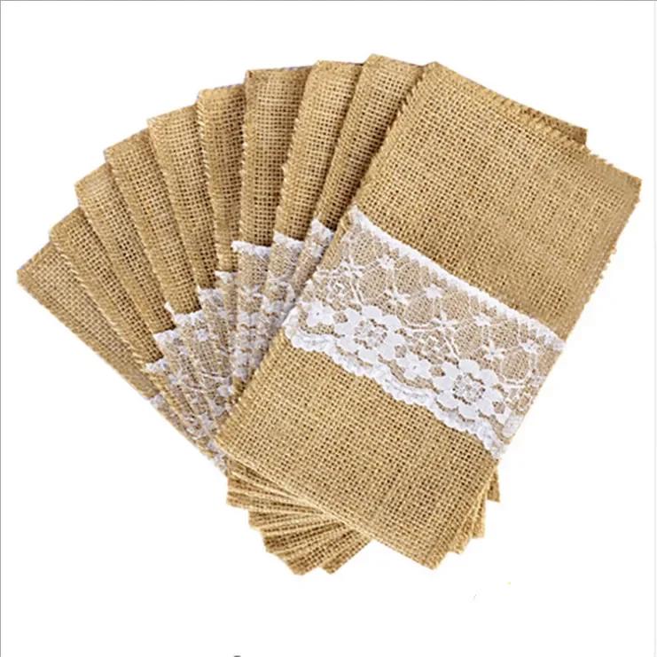 5 Pcs Burlap Lace Cutlery Pouch Wedding Tableware Party Decoration Holder Bag Hessian Rustic Jute 11cm X 21cm