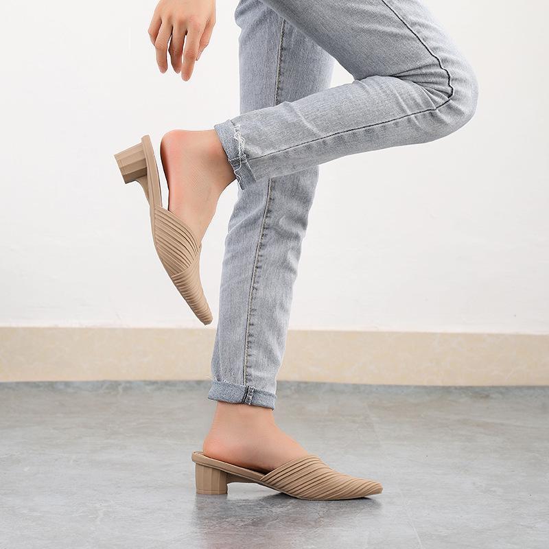 Heli Shark Dam Chunky Heel Spetsig Tå Stängd Tå Casual Halvtofflor - Vår/Sommar Mode Sandaler