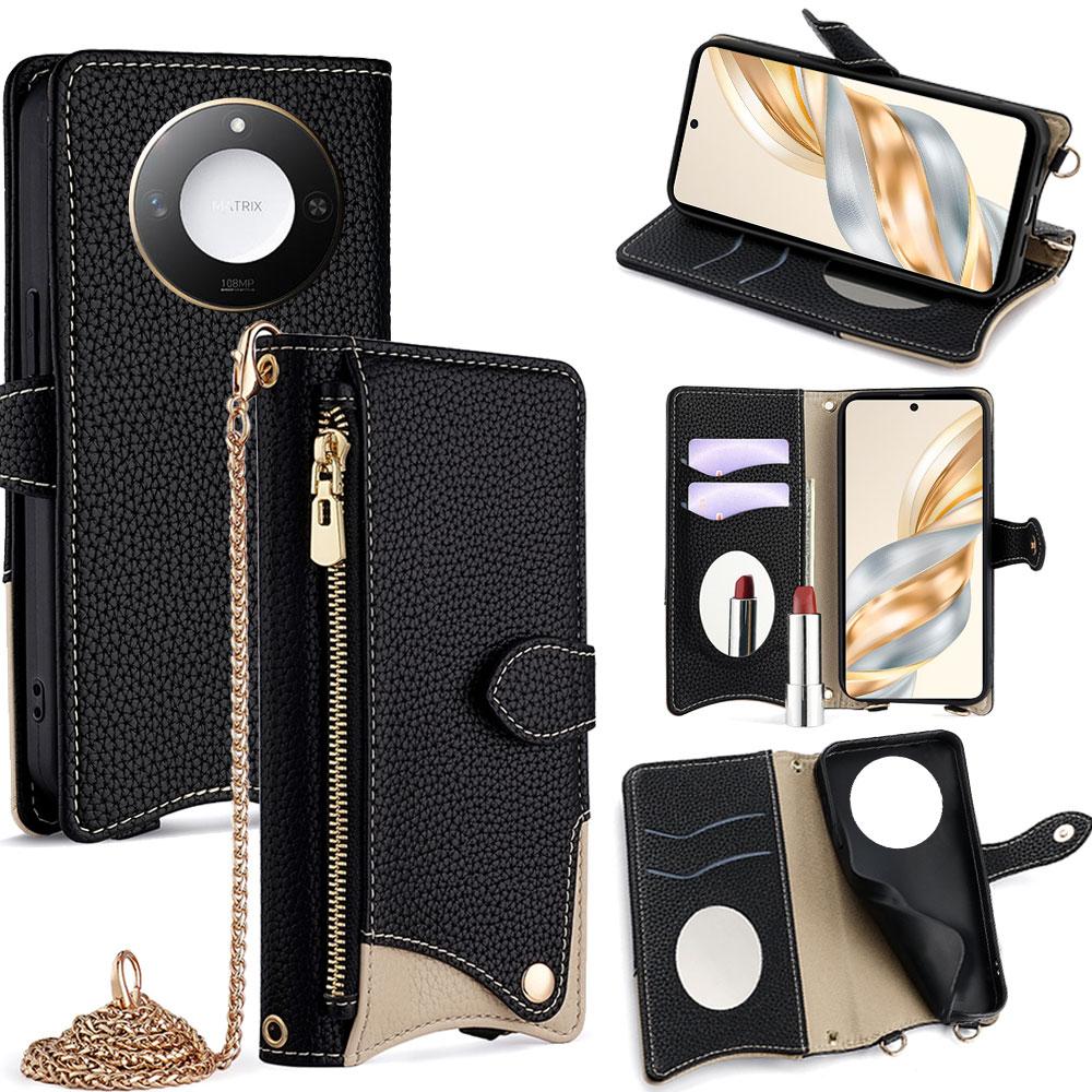 

For Honor X60 5G Leather Case Wallet Stand Cover Irregular Tail Style with Chain Strap Black