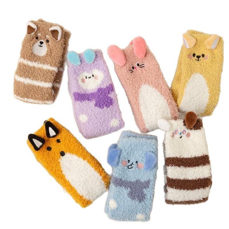 Autumn and Winter Coral Fleece Socks for Women, Three-dimensional Cartoon Animal Embroidery, Home Floor Socks, Thickened Half-fleece Mid-calf Socks