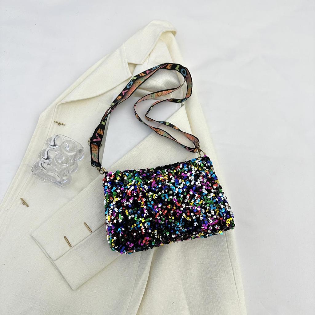 Yogodlns Luxury Women Sequins Wide Strap Shoulder Bag Fashion Shine Casual Crossbody  Bag Female Hip Hop Belt Bags Trend