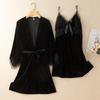 New Autumn Velvet Pajamas Two-piece Robe Set Feminine Lace See-through Robe Bathrobe Casual Velvet Home Clothes