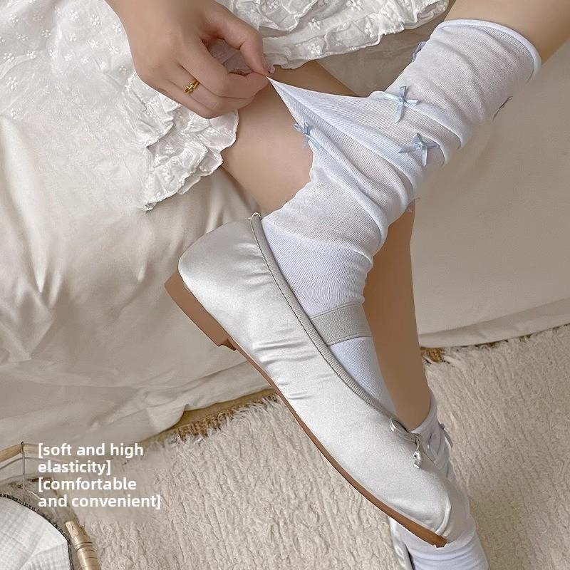 Female Spring and Autumn Sweet Bow Mesh Stitching Show Skinny Leg Pile Socks