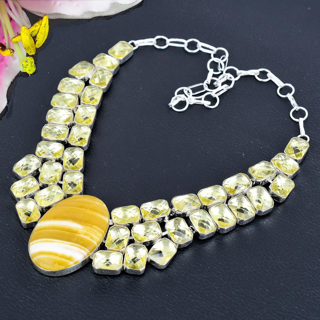 Calcite Agate, Citrine Gemstone 925 Sterling Silver Jewelry Necklace 18" KG-1851