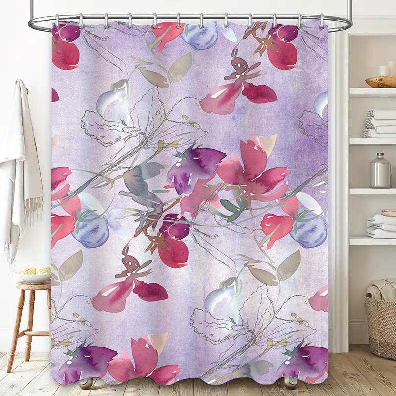 Luxury Print Shower Curtain Waterproof Bath Decorative Liner Purple Flowers Pink Red White Floral Pattern Bathroom Decoration