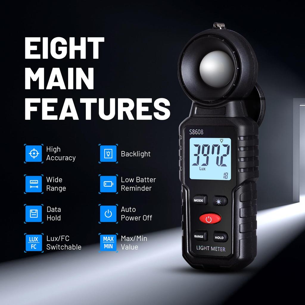 Mcbazel Digital Illuminance Lux LCD Brightness Plant Lighting Japanese Instruction Manual Included Black Meter, 200,000 Measurement, Display,