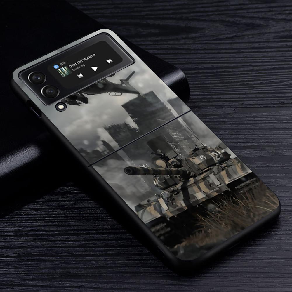 Kryt na mobilní telefon Tanks Fighter Warship pro Samsung Galaxy Z Flip4 Flip3 5G Černý Coque Z Flip 4 3 Tvrdý PC Luxusní Kryt Zflip3