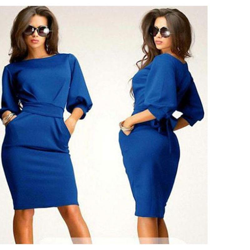 Elegant Women Fashion Sexy Fifth Sleeve Round Neck Pocket Bodycon Cocktail Dress