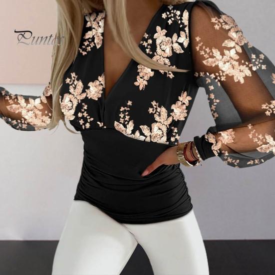 

Женская кружевная лоскутная блузка с длинным рукавом, элегантная глубокая V-образная шея, облегающий пуловер, топ, офисная женская блузка с вышивкой и цветочным принтом