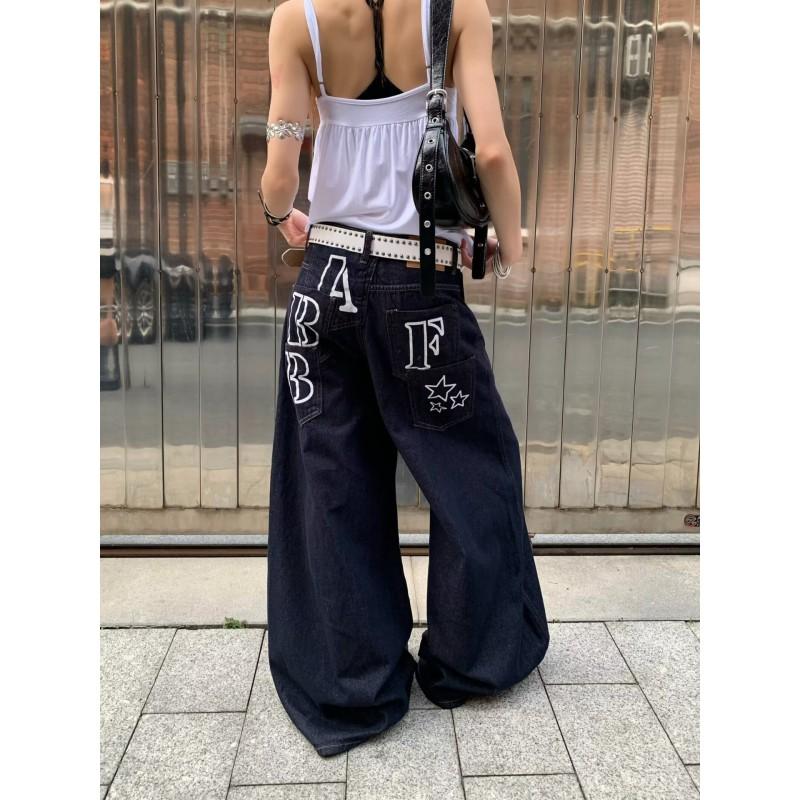 Womens High-Waisted Wide-Leg Denim Pants Streetwear Loose Fit Hip Hop Style Casual Jazz Dance Trousers