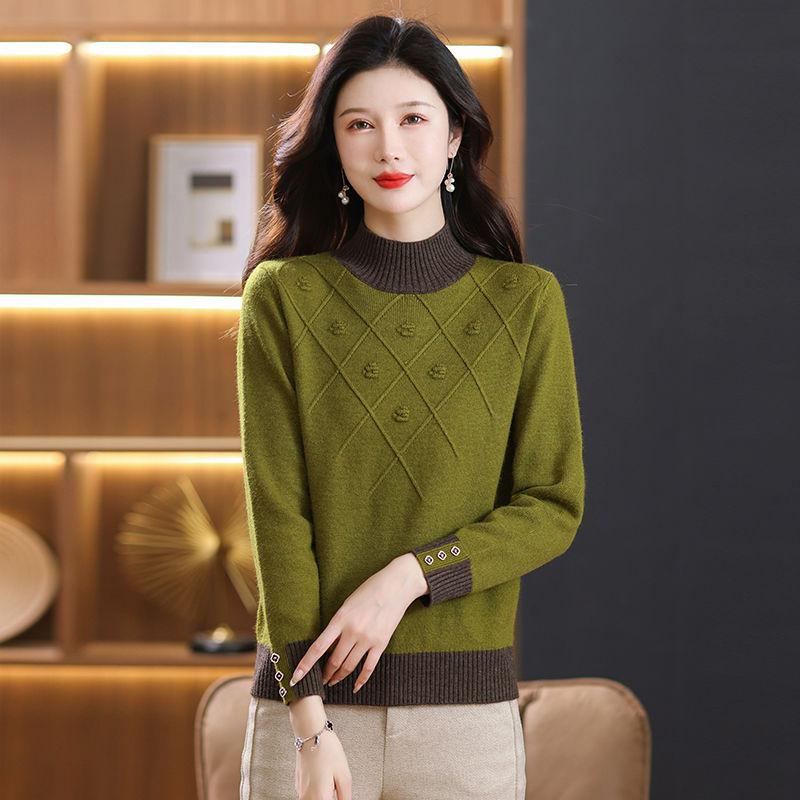 

Свободный свитер Женский свитер с полувысоким горлом Вязаный свитер Утепленный свитер Женский Стильный вязаный свитер Теплый топ 2XL зелёный