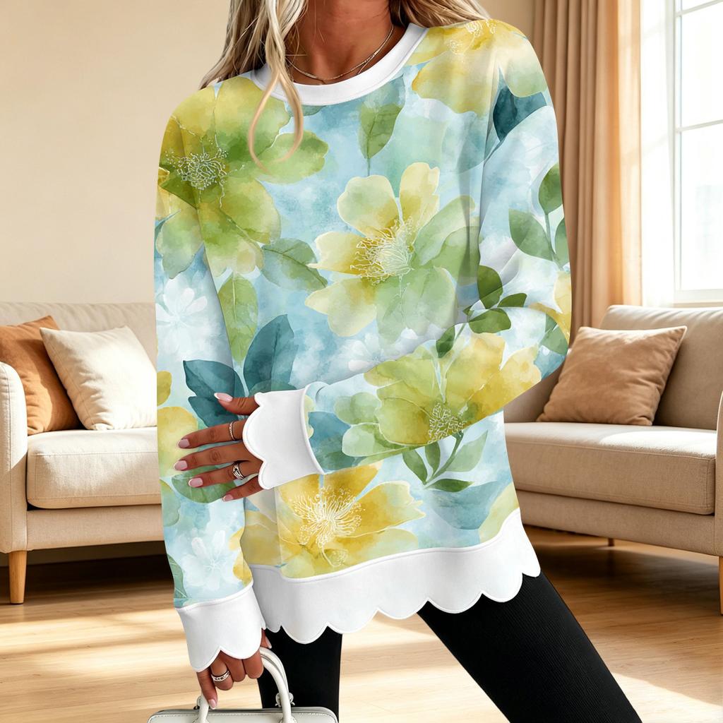Women's Floral Print Crewneck Sweatshirt with Scalloped Wavy Hem Long Sleeve Pullover Top