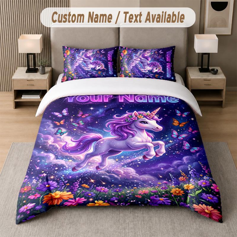 Unicorn Theme Custom Text Or Name 3Pcs Bedding Set 1 Flat Sheet & 2 Pillowcases Personalized Home Bedding