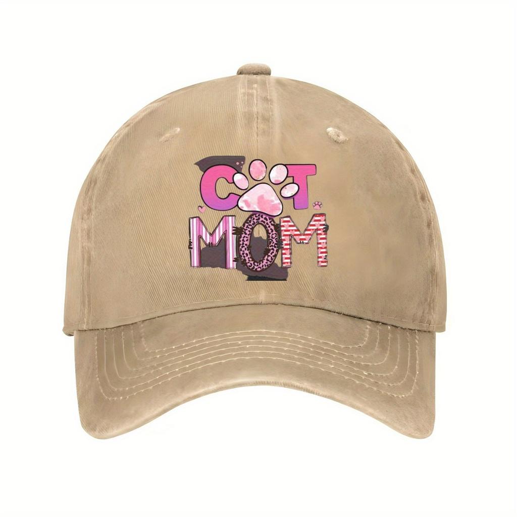 Cat Mom Baseball Cap Pink Paw Print Adjustable Polyester Casual Sun Protection Hat for Pet Lovers