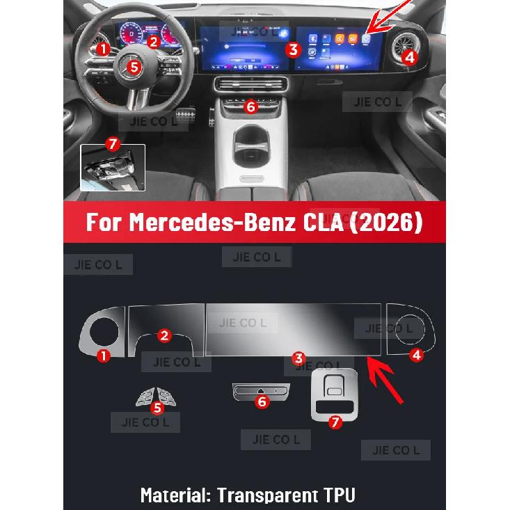 Pro Mercedes Benz CLA 2026 Nová Energie Ochranná fólie na středovou konzoli, palubní desku a navigaci proti poškrábání z TPU