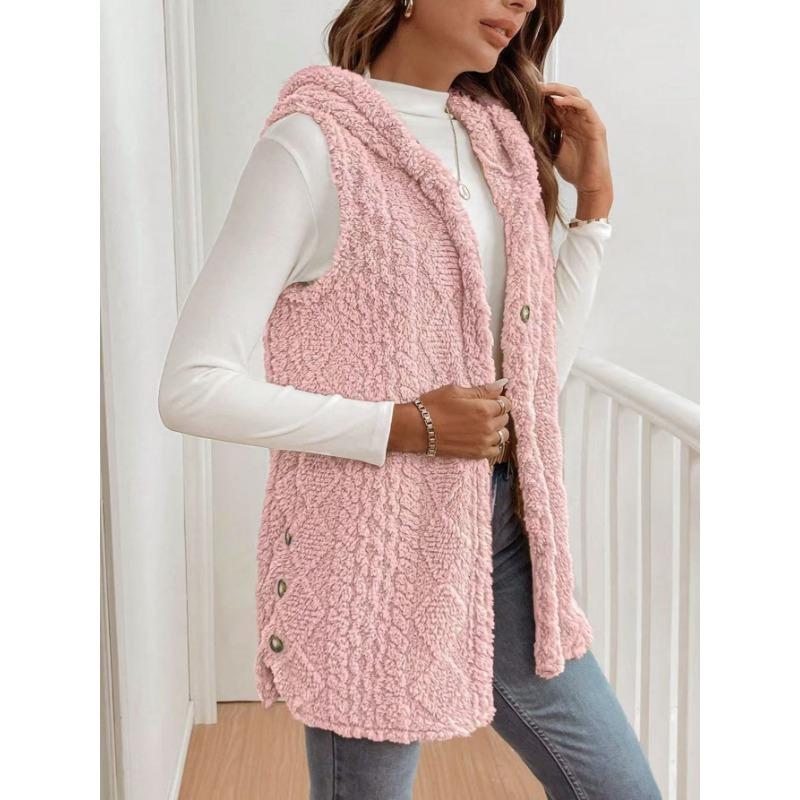 Damen zweiseitige Fleece-Weste, lässig, mit Kapuze, zum Knöpfen, ärmellos