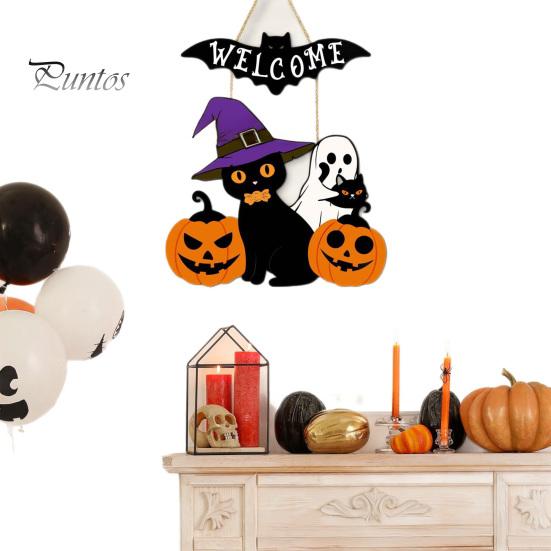 Black Cat Party Prop Halloween Wooden Welcome Door Sign, Pumpkin Ghost Bat Hanging Decor Indoor Outdoor Decoration for Yard, Home Entrance Rustic Wood