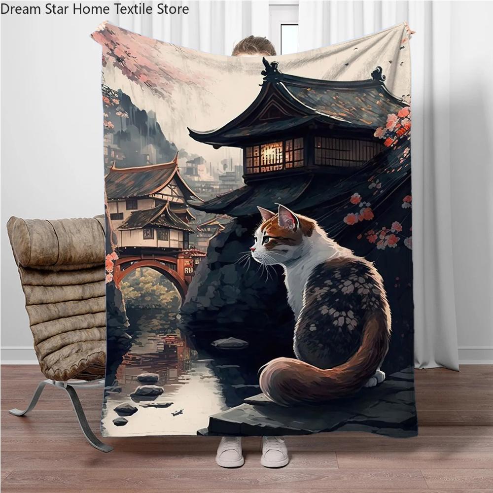 Cats Cherry Blossom Flannel Blanket Children Warm Soft Blanket for Sofa Bed Cover Blanket Suitable for Birthday Souvenir Gifts