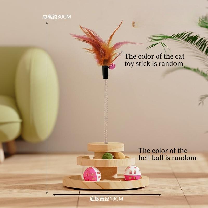 2-Tier Wooden Cat Ball Track Toy,Cat Turntable with Removable Balls, Interactive DIY Circle Toy for Cat Mental/Physical Exercise