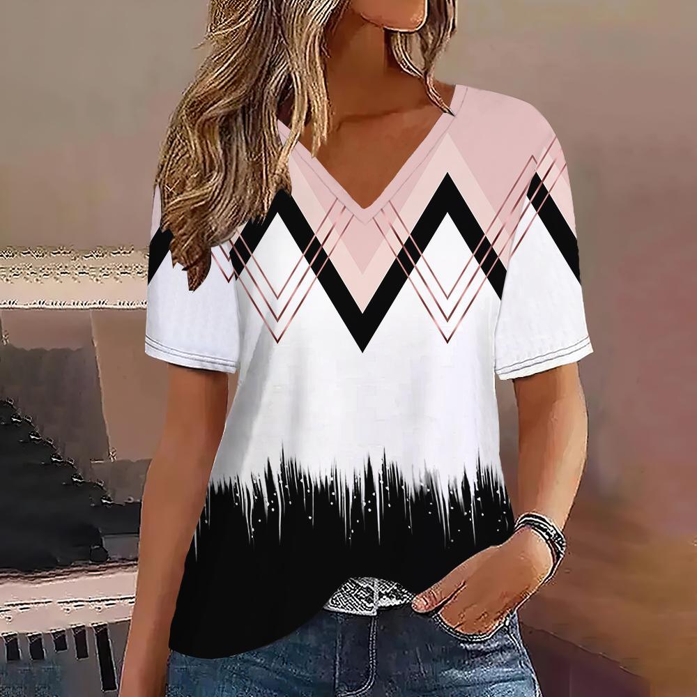 Women's T-shirt Summer V-neck Short-sleeved Striped Graphic Printing Outdoor Casual Pullover Women's T-shirt