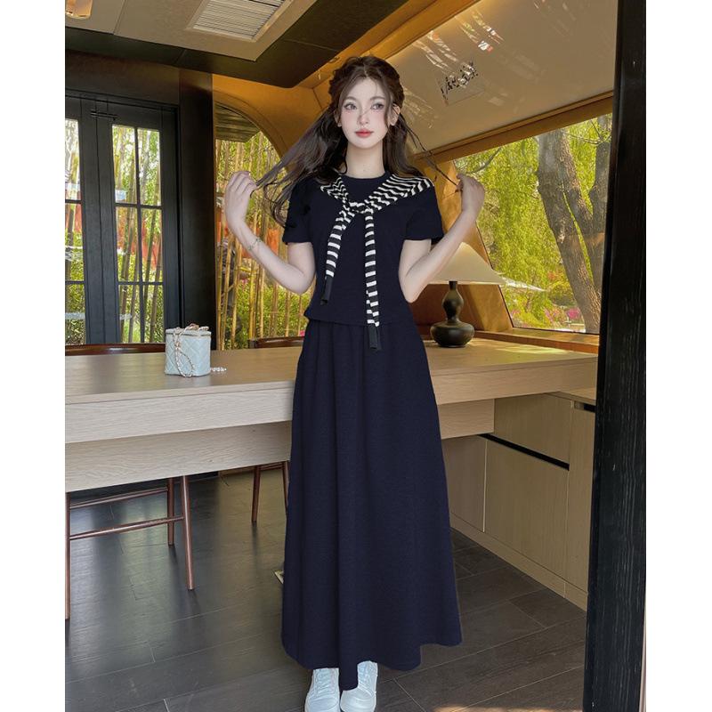

2026 Summer Striped Shawl & Skirt Three-Piece Set Large темно-синий
