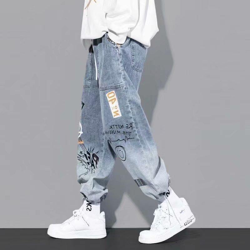 Men's Lettered Print Jeans Loose Cartoon Graffiti Leggings Drawstring Pants