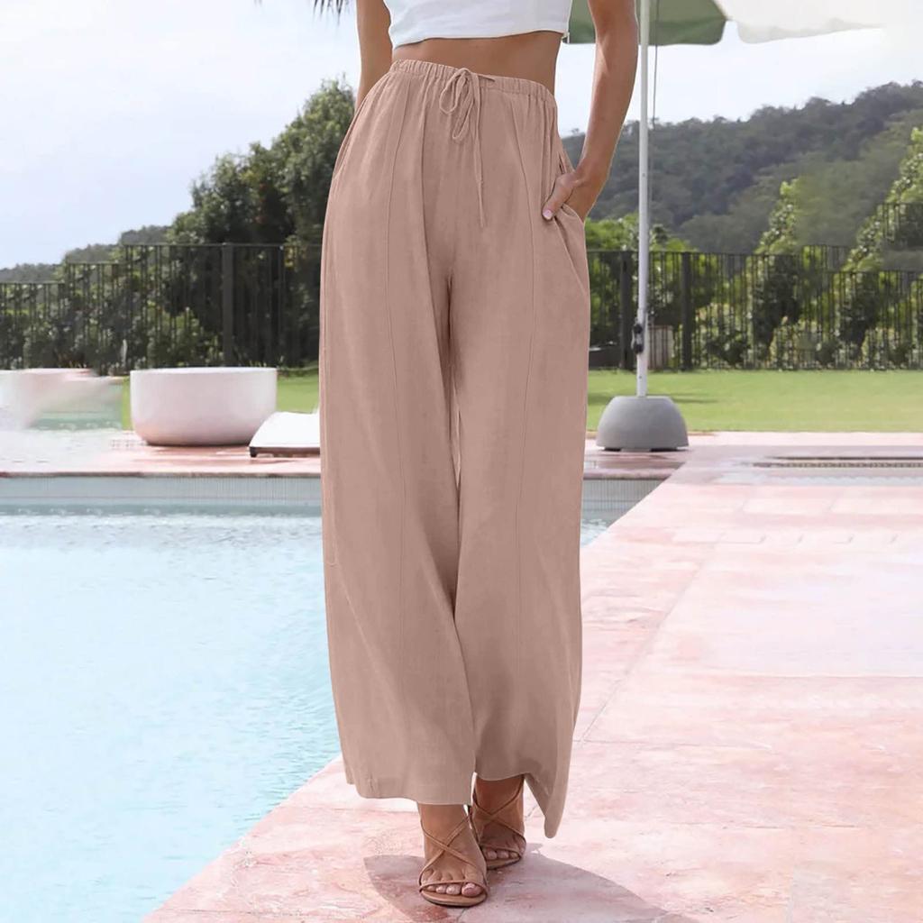 Women's Casual Relaxed Fit High-Waisted Belted Pocket Cotton-Linen Blend Trousers