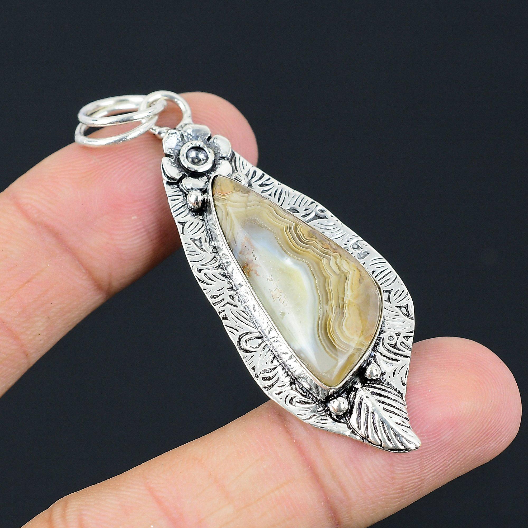 Natural Crazy Lace Agate Gemstone Pendant Flower 925 Sterling Silver For Women