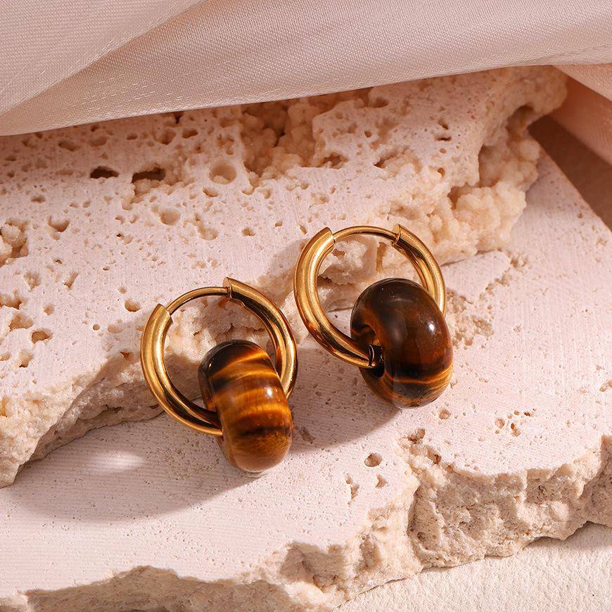18k Gold-Plated Stainless Steel Hoops with Natural Agate, Amber, and Tiger Eye Earrings