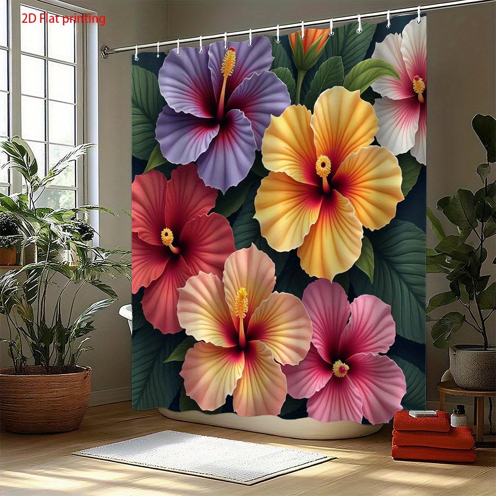 Tropical Hibiscus Shower Curtain 1pc – Colorful Bold Flowers on Dark Background, Exotic Floral Art for Summer Bathroom Decor
