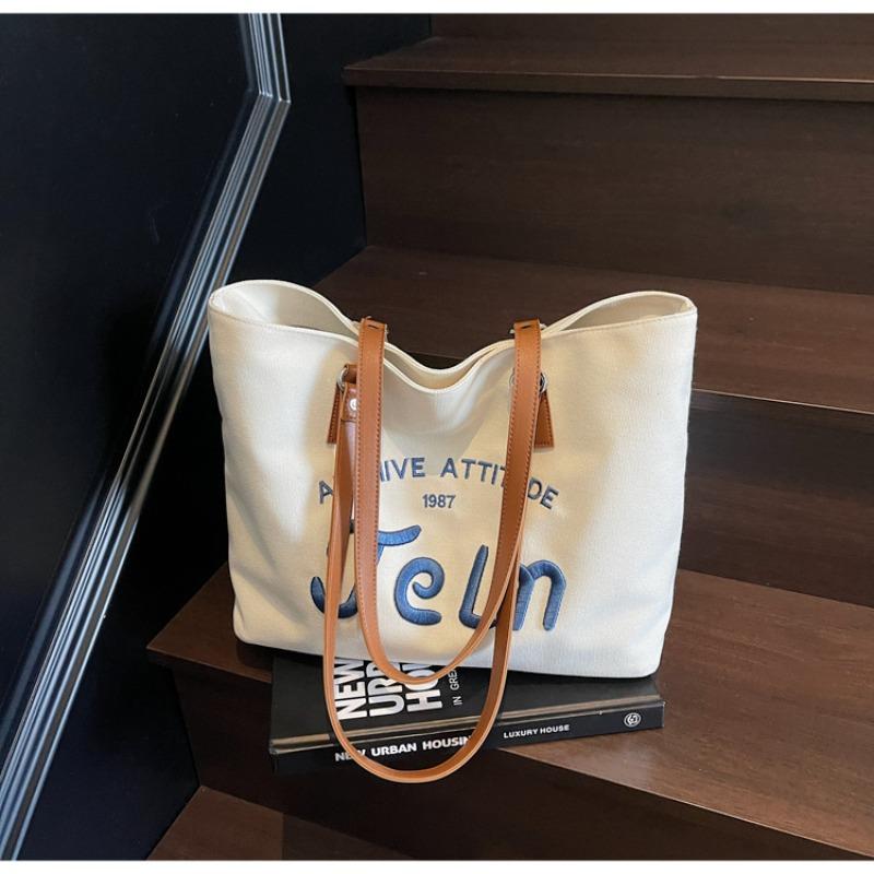 Canvas bag, letter embroidery tote bag, student commuting large capacity shoulder bag, literary shopping bag