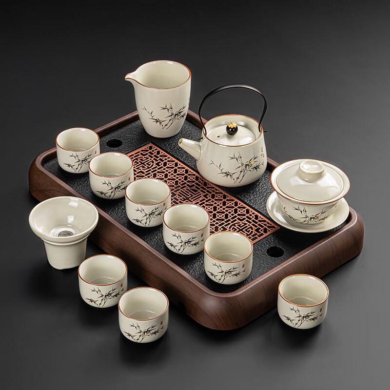 Lainuo Ru Ware Bamboo Beam Pot 12-Piece Tea Set with Ebony Tray