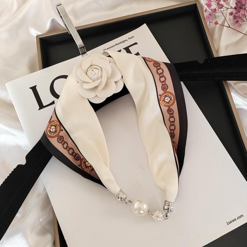 New Luxury Design Magnetic Pearls Button Silk Scarf Women Summer Neck Ornament Silk Scarves Lady Shirt Sunscreen Decoration Gift