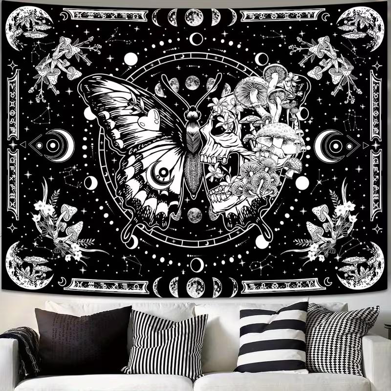 

2D Celestial Moon Phase Tapestry, Skull & Mushroom Gothic Backdrop 47.2x31.5inch/120*80cm