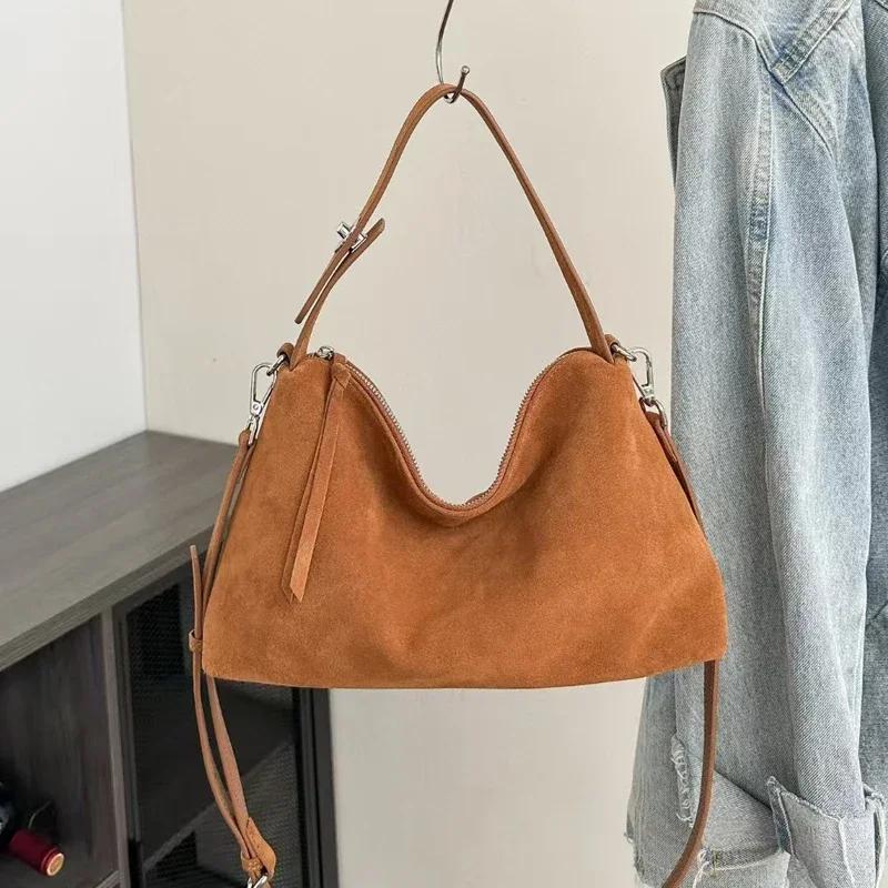 Women's Soft Matte Suede Leather Handbag Lady Cowhide Shoulder Crossbody Bag Simple Cow Leather Colleti Grey Brown Tote Bags