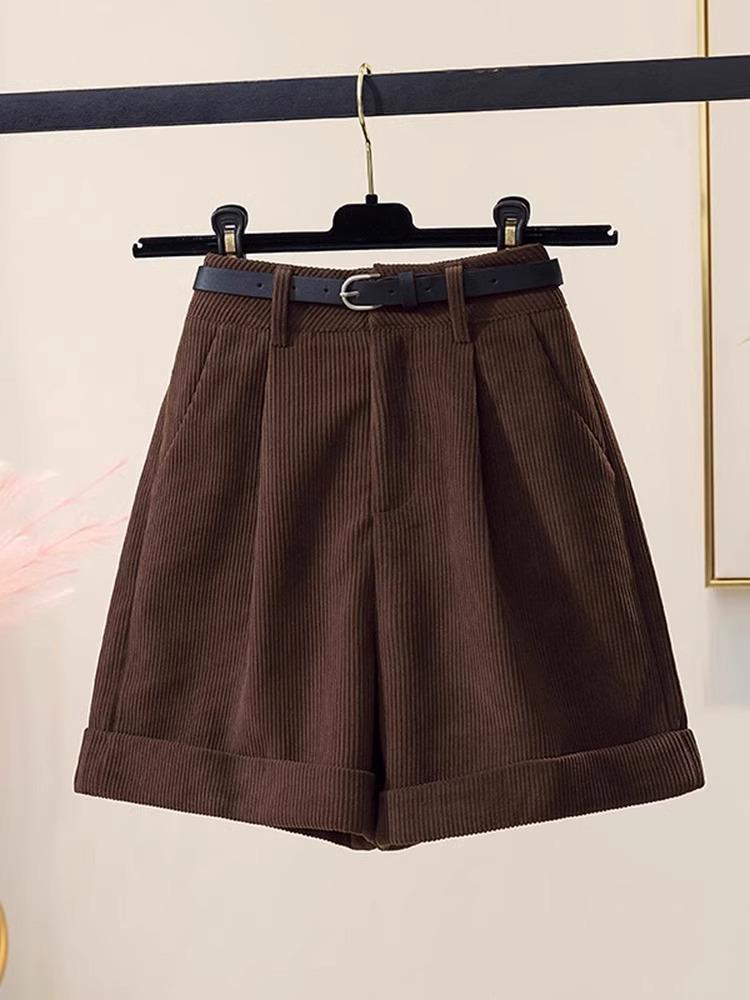 

Женские шорты из коричневого вельвета с высокой посадкой на осень/зиму 2023 – Корейский стиль, широкие штанины, зауженный крой буткат 2XL кофейный