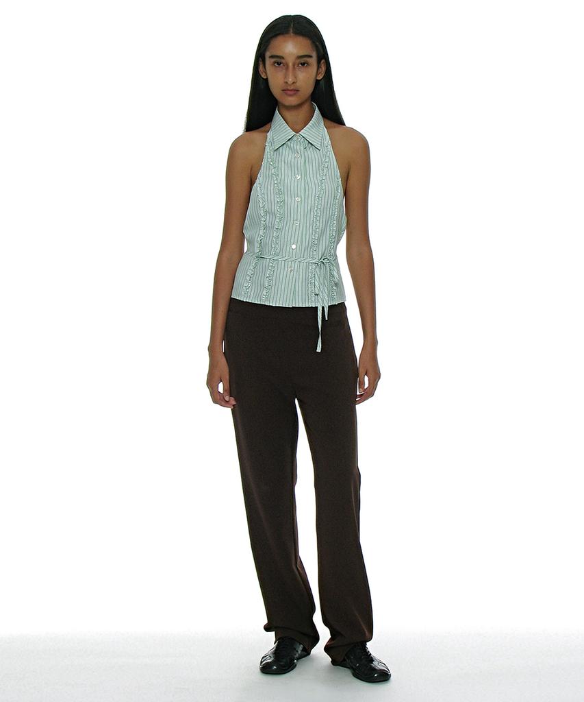PARTIMENTO WOMEN Frill Trim Halterneck Shirt_Light Green