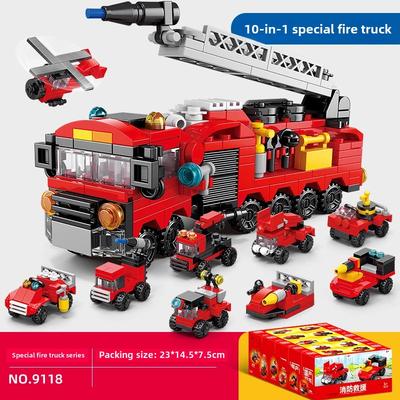 Fire Truck Building Blocks 10 In 1 Police Car Aircraft Tank Warship Excavator Robot Building Bricks Boy Toy Children's Gift