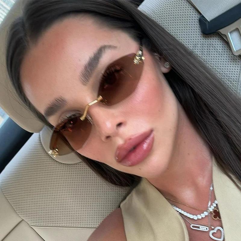 High Quality Trendy Rimless Polygonal Sunglasses Stylish Gradient Lens Metal Shades Eyewear Luxury Rhombus Vintage Sun Glasses