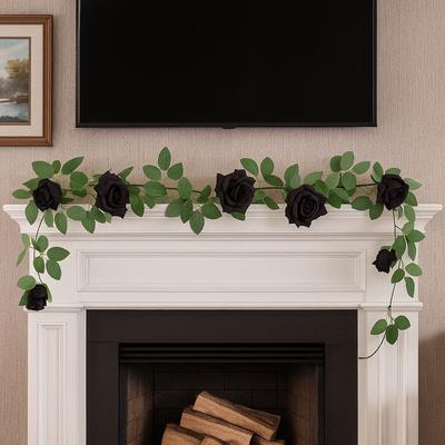 200cm Halloween Rose Vines Black Realistic Artificial Rose Vines Simulated Flowers Handmade Halloween Garland Fireplace Front