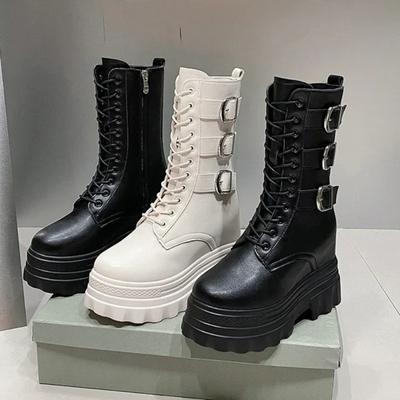 Fashion Womens Mid-calf Boots Fashion Motorcycle Boots High Quality Casual Leather Booties 12cm Height Increase Platform Boots for Women