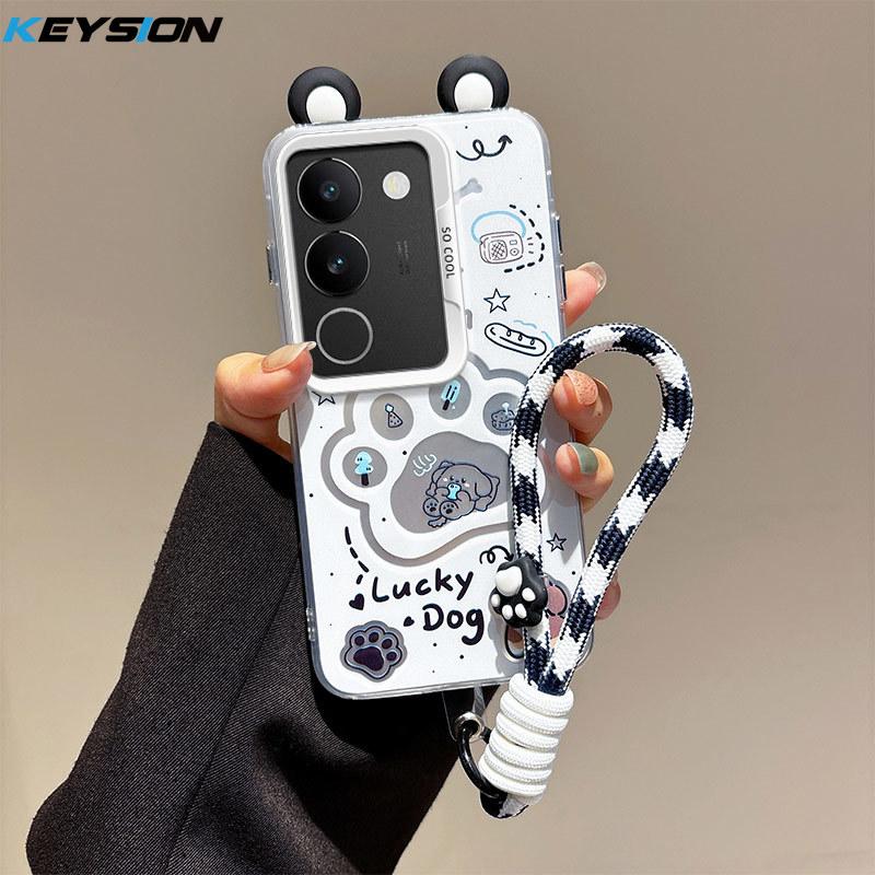 KEYSION Cute Ear Cartoon Case for VIVO V29 5G with Lanyard Soft Silicone+PC Shockproof Phone Back Cover for VIVO V29 5G